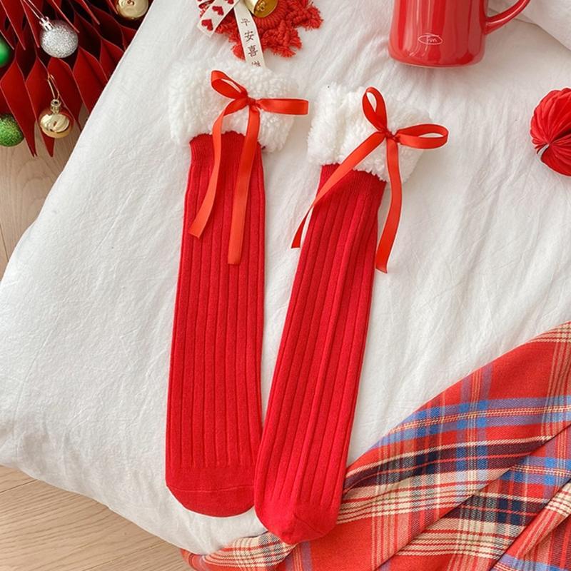 

Women Autumn/Winter New Year Red Long Socks Bow Plush Ball Knitted Sock Cute Lolita Fuzzy Trim Cotton Calf Socks Christmas Gifts One Size