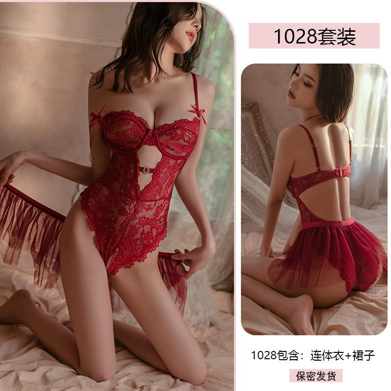 Erotic Underwear Sexy Lace Seductive Jumpsuit Puffy Skirt Set Pure Desire to Open Crotch Uniform Pajamas 1028