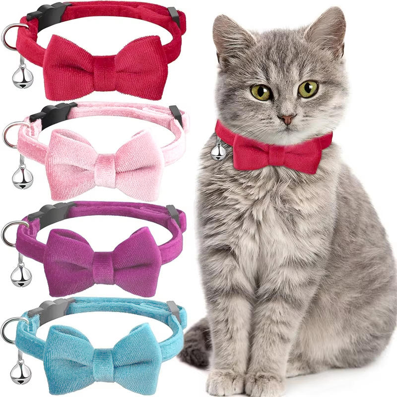 Bow Collar Solid Color Bowknot Puppy Chihuahua Adjustable Cats Accessories Safety Bell Tie Bow Buckle Pets with Collar New