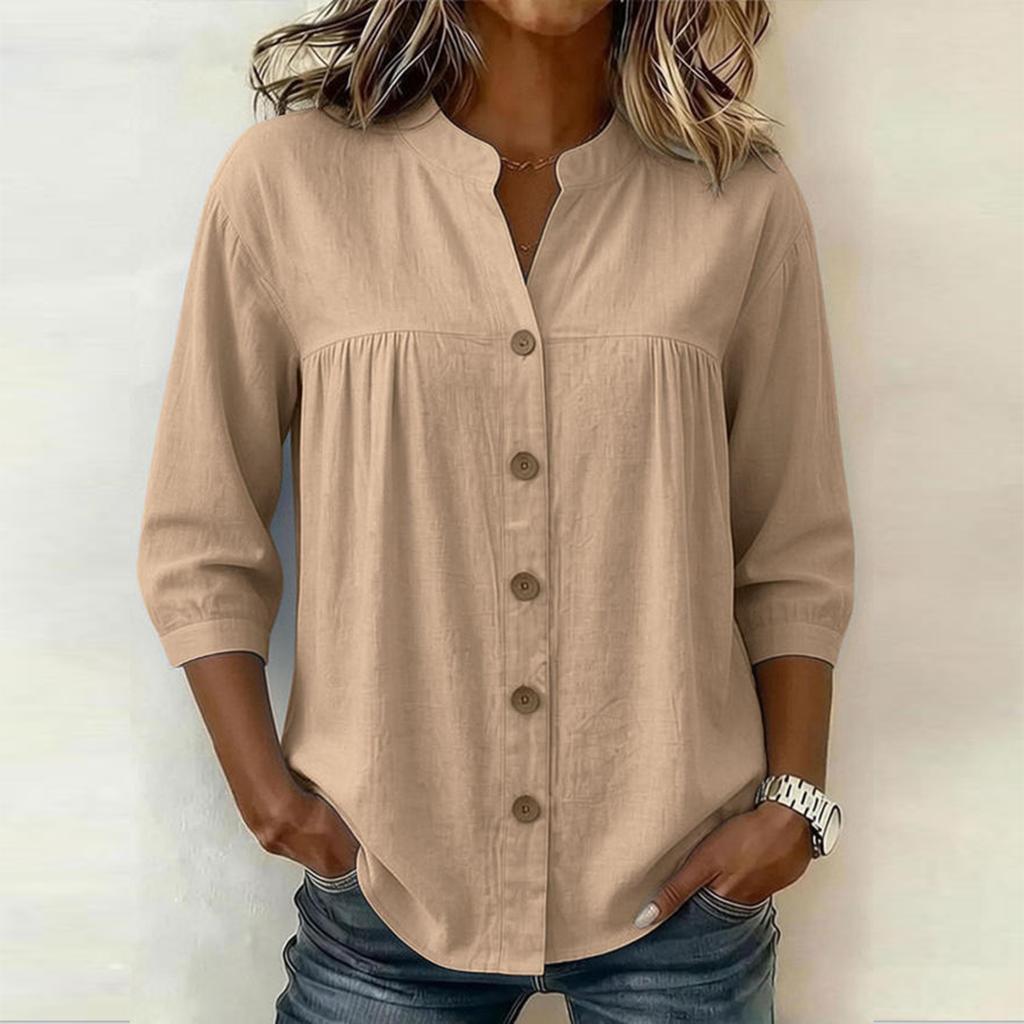 Women Casual Solid Color V Neck Button Down Three Quarter Sleeve Blouse Lightweight Loose Fit Shirt for Everyday Wear