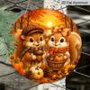 2D Flat, 1pc Round Aluminum Hanging Sign, Cute Couple Squirrel Pumpkin Autumn Sunset Forest Print, Warm Fall Season Keepsake Gift For Fall Lovers