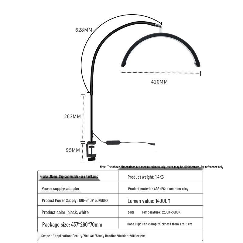 16-inch Desk Clamp Crescent Beauty Lamp, 20W Flexible Hose, for Tattooing, Eyebrow Shaping, Nail Art, U-Shaped Eye Protection, Eyelash Extension.