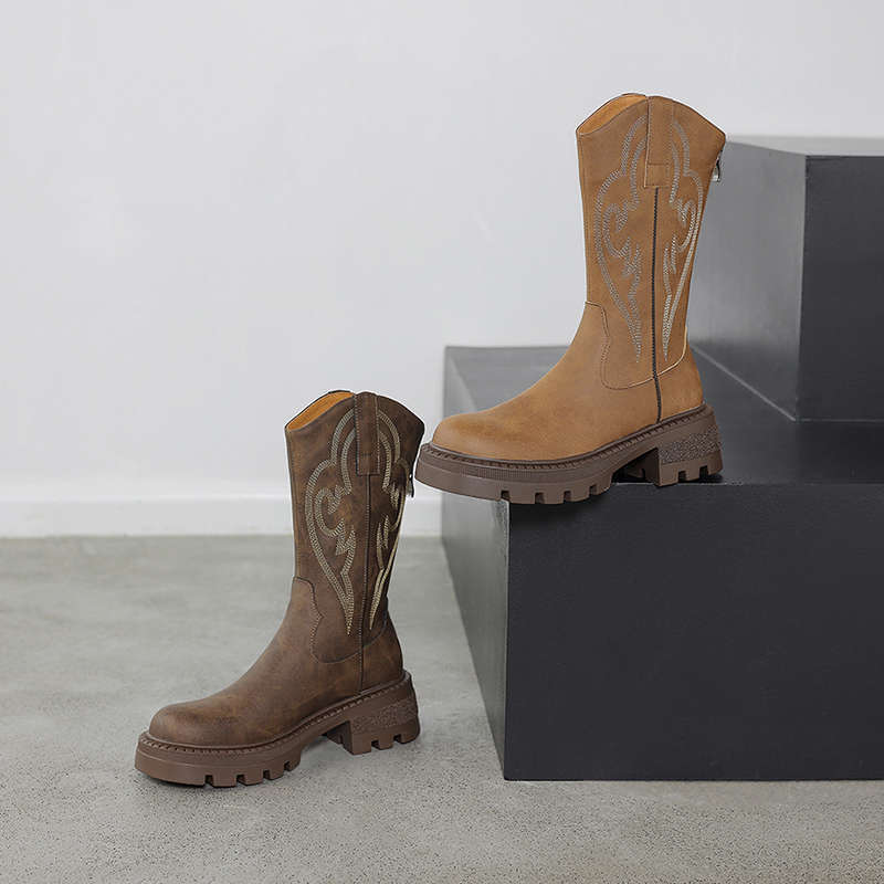 Brown Embroidered Retro Western Cowboy Boots Women's 2025 New Autumn V-mouth Knight Boots Thick-soled Thin Short Boots