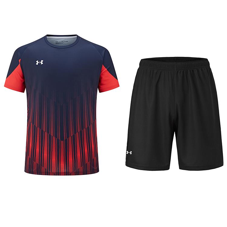 

Under Armour Striped Logo Print Crew Neck Short Sleeve T-Shirt And Solid Color Elastic Shorts Casual Sports Set Unisex sets 24500507-409+23500203-001 3XL
