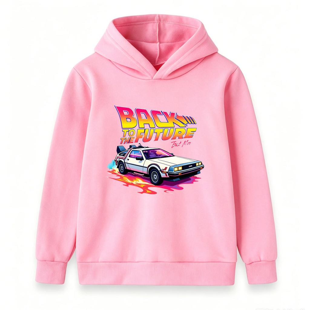 Kids Boys Girls Pullover Hoodie, Retro Classic Time Travel Car Graphic Casual Long Sleeve Hooded Sweatshirt, Comfortable Streetwear Top For Youth Dail
