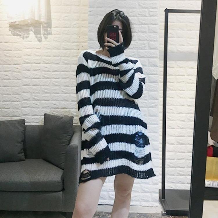 Unisex Women Cool Thin Loose Gothic Striped Long Jumper Dark Punk Streetwear Hollow Out Top Broken Hole
