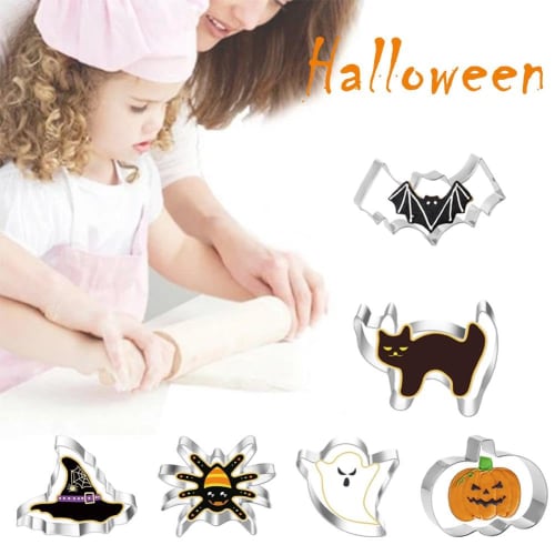 Shnmersy Halloween Cookie Cutter, Stainless Steel Biscuit Molds, 1 Piece/Set of 6, Cat, Spider, Ghost, Pumpkin, Hat, and Bat Shapes, Baking Tools, DIY