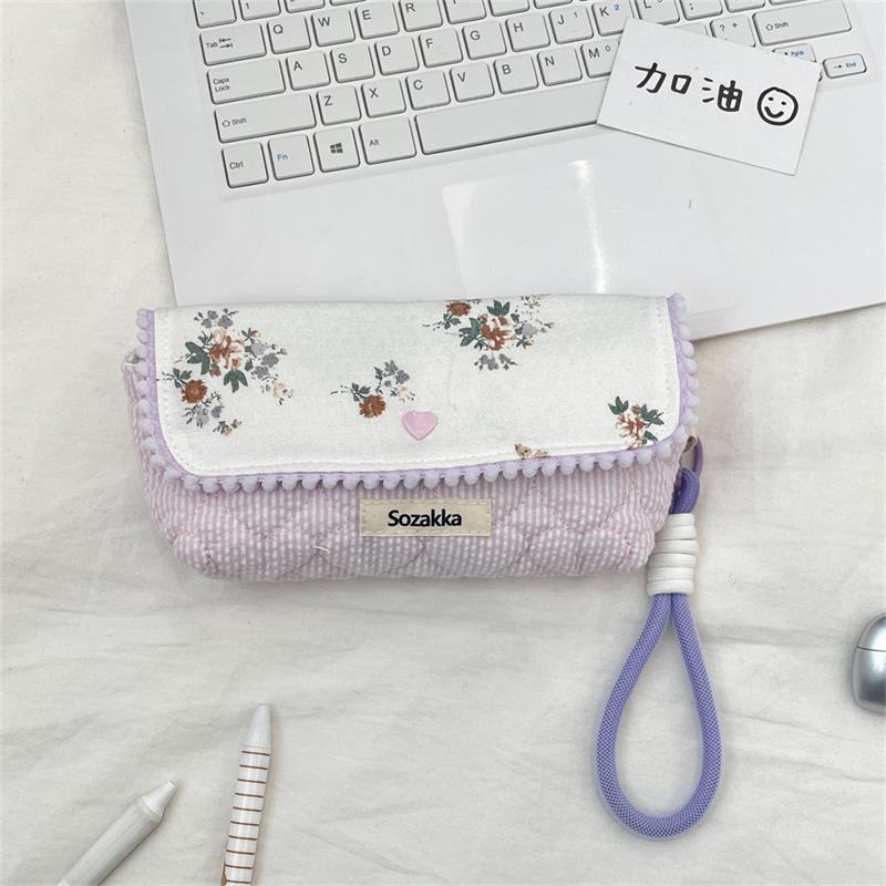 Sweet Floral Pencil Case With Lanyard Handbag Girly Cosmetic Bag Large Capacity Portable Storage Bag Student Stationery Bag Gift