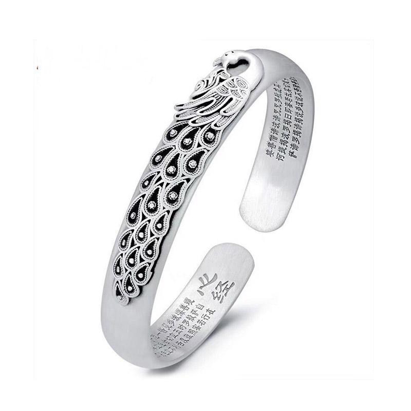 Silver Plated Vintage Peacock Lotus Bangle Sanskrit Buddhist Heart Sutra Women's Jewelry Gift for Ladies Fashionable Accessory