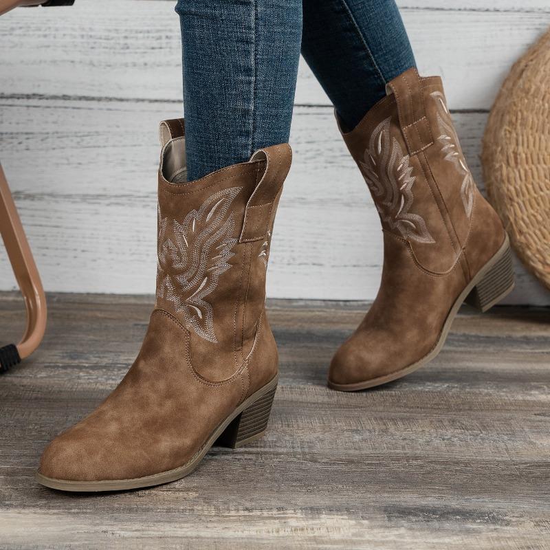 Womens Boots 2025 Embroidered Autumn Womens Shoes Chunky Heel Rider Boots Woman Mid-Calf Pointed Toe Cowboy Long Botas Mujer