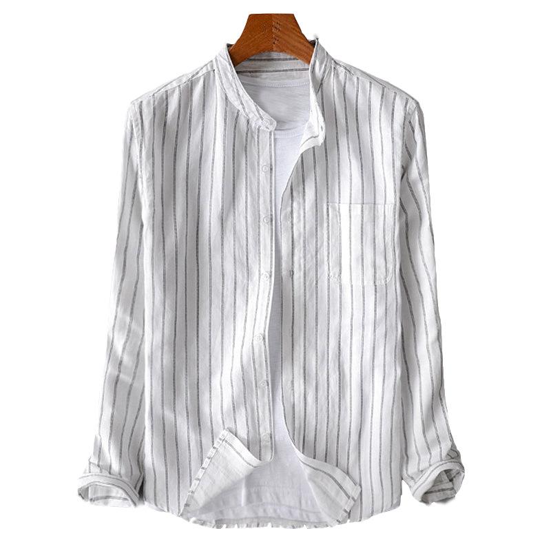 Men's Spring and Fall Retro Striped Long-sleeved Shirt Stand-up Collar Casual Shirt Loose Cotton Shirt