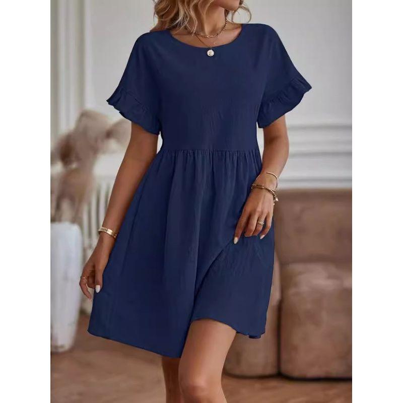 Solid-Color Pocket Women's Dress Solid Loose Short sleeve Women clothes round Neck Dress Women
