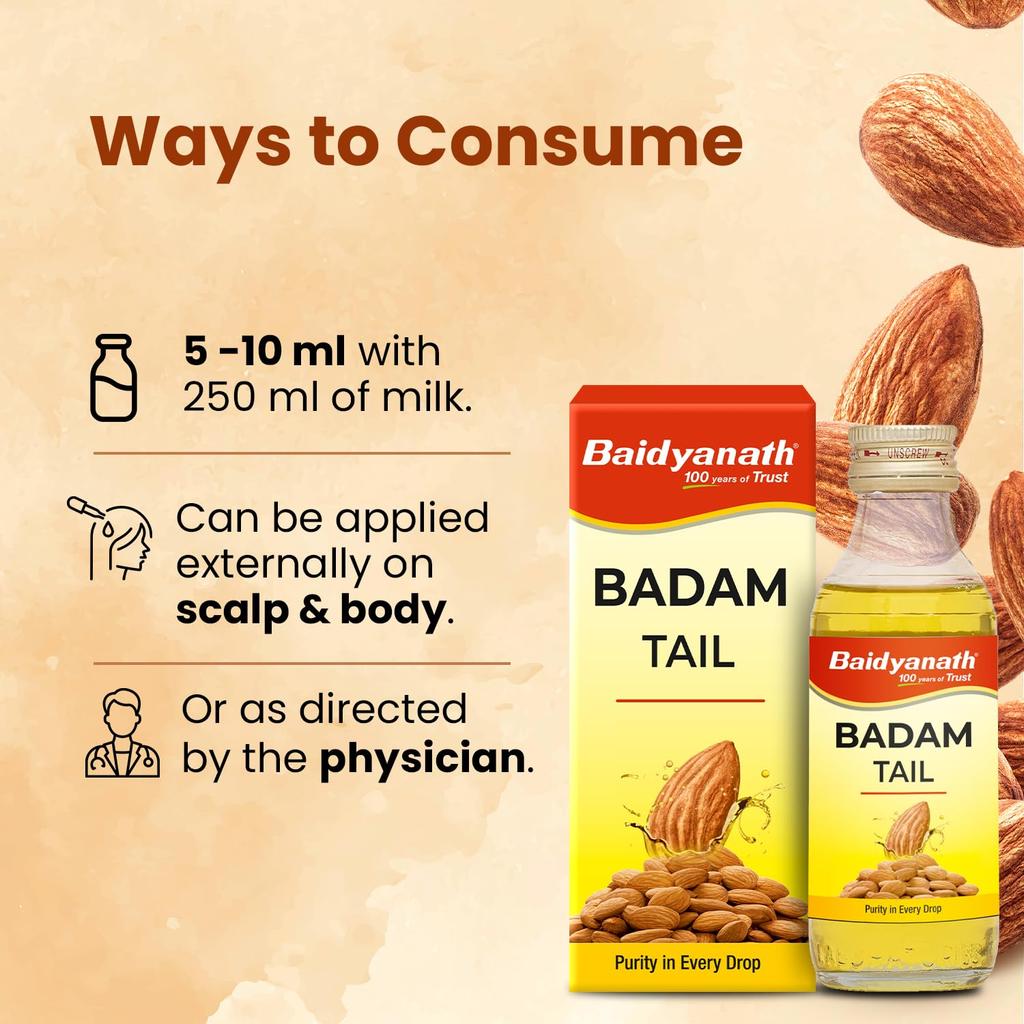 Baidyanath Ayurved Badam Tail 50ml Sweet Almond Hair & Skin Oil Vitamin E Rich Moisturizing Massage Oil Pack of 1