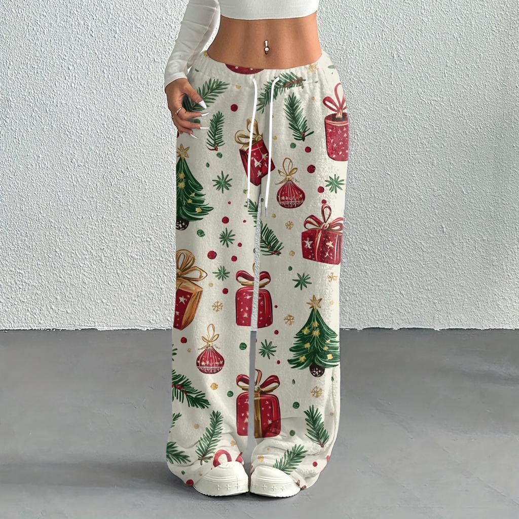 Women's Casual Fashion Printed Elastic Waist Loose Straight Leg Pants With Rope