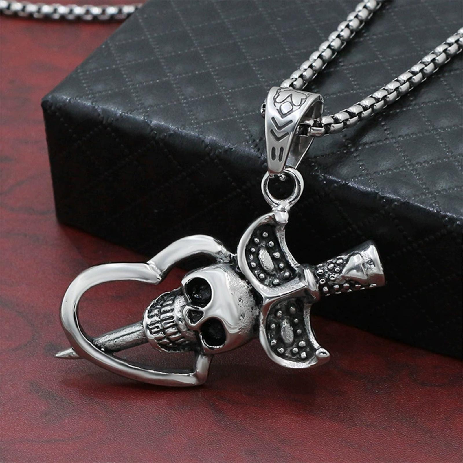 Santa Muerte Sword Heart Skull Stainless Steel Pendant Necklace Our Lady of Holy Death Mexican Grim Reaper Jewelry 60CM