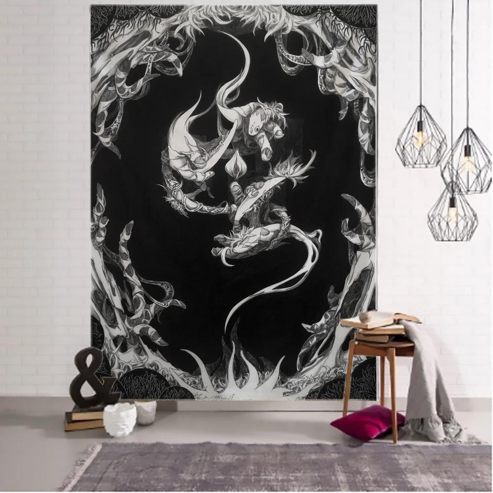 Witchcraft Tarot Tapestry Wall Hanging Black Khaki Sun Moon Starry Universe Geometric Pattern Dormitory Home Decoration Curtains