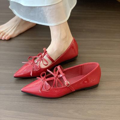 Flat-bottomed Small Red Bow Pointed Single Shoes Fairy Fairy with Skirt Mary Jane Shoes
