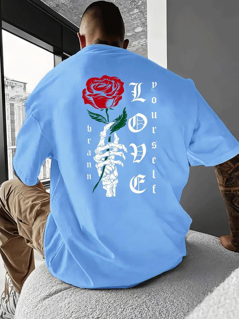 Unisex O Neck Tee Skeleton Hand Red Rose Back Print Cotton Short Sleeve Loose Summer Street Breathable Daily Casual Basic Wear Top
