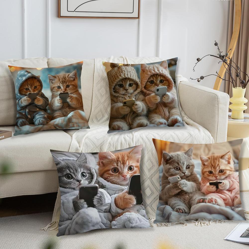 Cute cat holding phone cushion cover For Pillow Sofa Printing Decoration Room Home Office Coffee Shop Car Nordic Simplicity