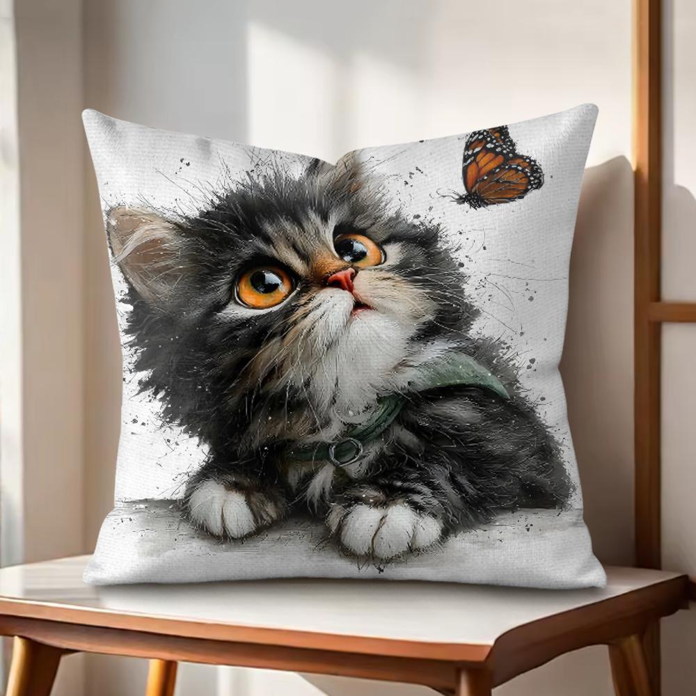 cute cat and flower Cushion Cover Natural Linen Organic Fabric DoubleSided Printing Couch Pillow Covers Home Decor Gift