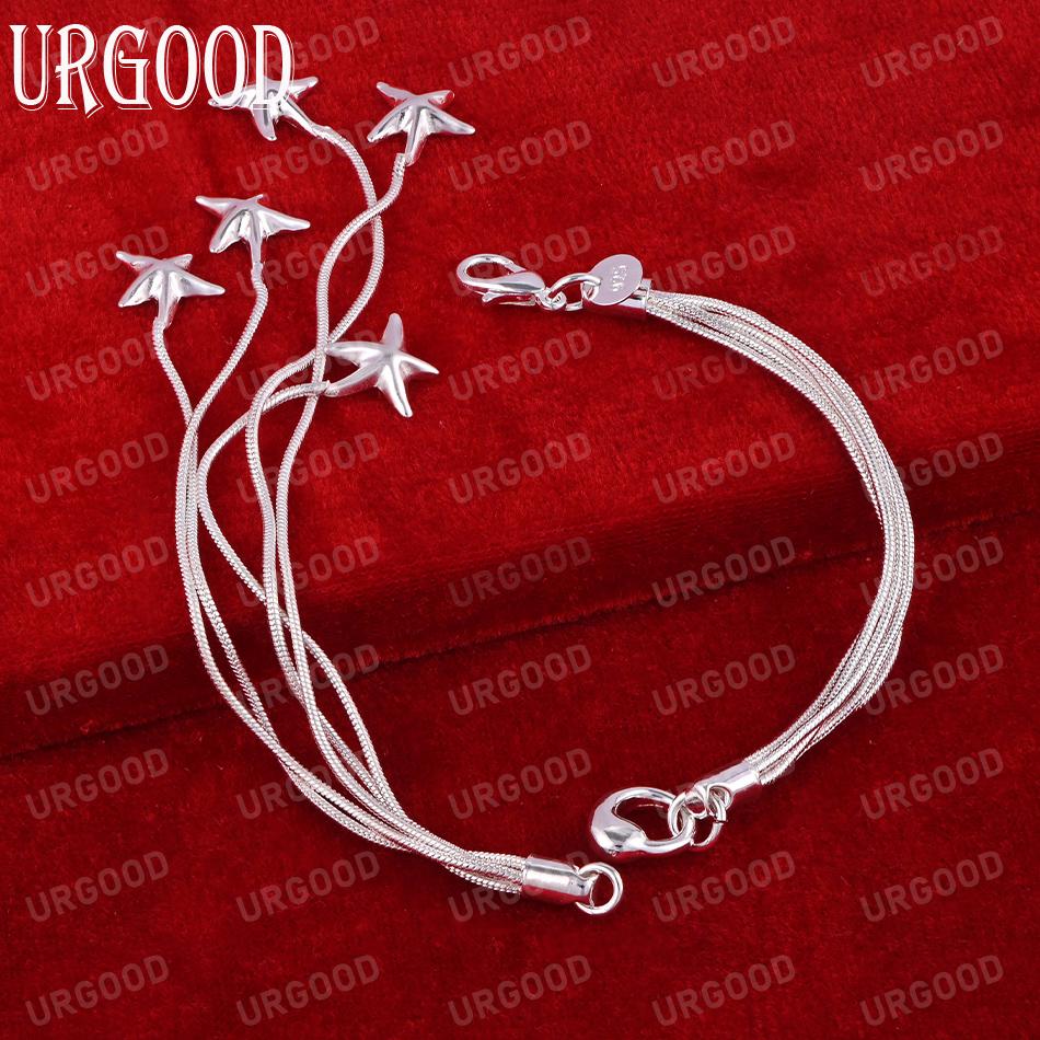 925 Sterling Silver Five Solid Starfish Chain Bracelet Fashion Wedding Jewelry