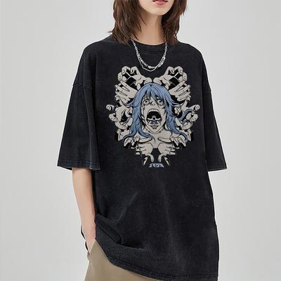 Divertente Stile Anime Cartone Animato Horror Americano Stampa T-Shirt Donna Unisex Lavaggio Vintage Manica Corta Girocollo Ampia