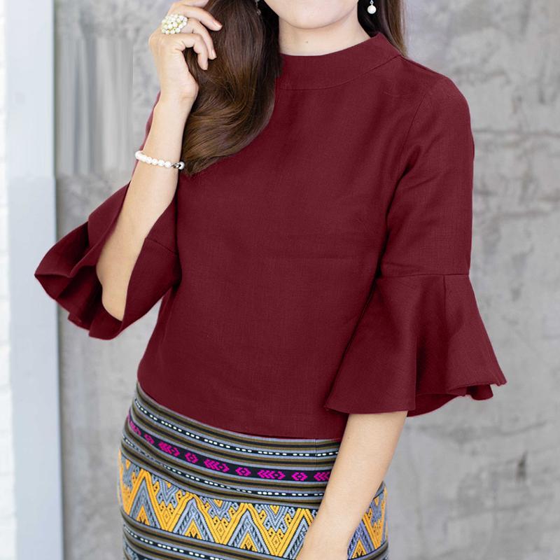 ZANZEA Women Casual Round Neck Loose Ruffles 3/4 Sleeve Plain Blouse