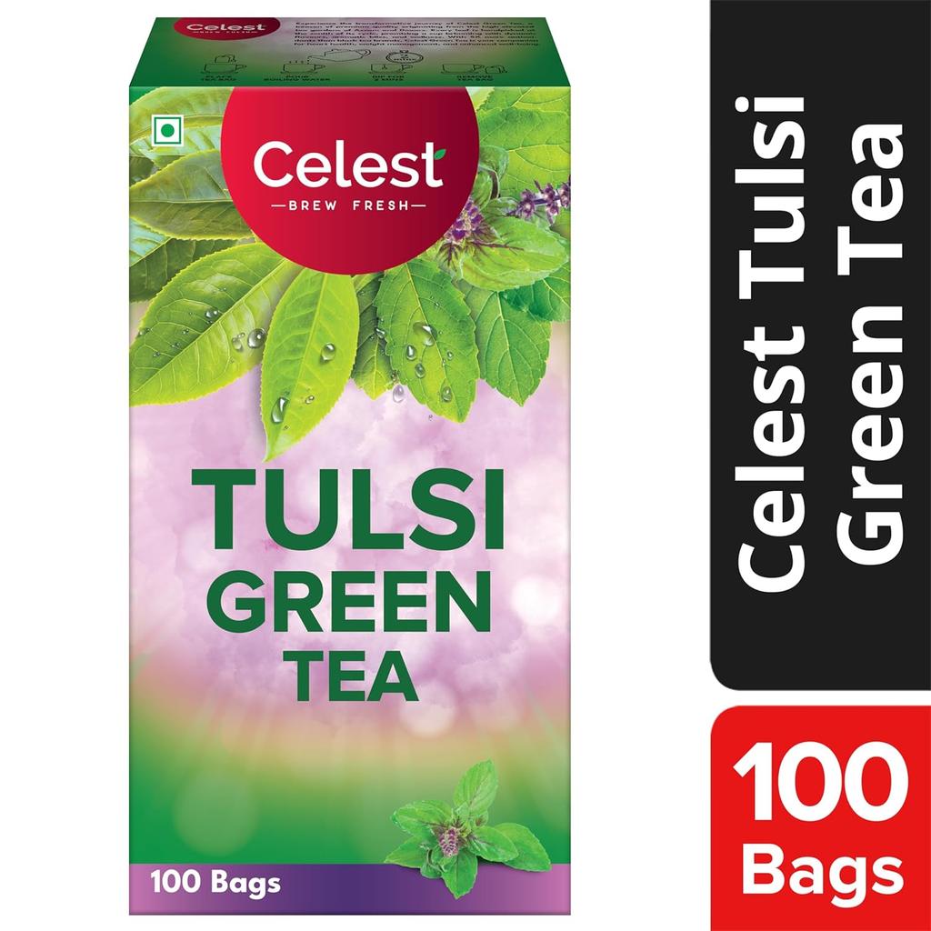 Celest Tulsi Green Tea 100 Bags | Natural Tulsi Green Tea Bags for Wellness and Detox