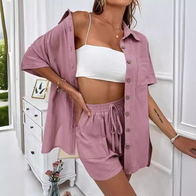 2024 Women's Casual Two-Piece Shorts Set - Solid Color Loose Short Sleeve Shirt with Single-Breasted Design