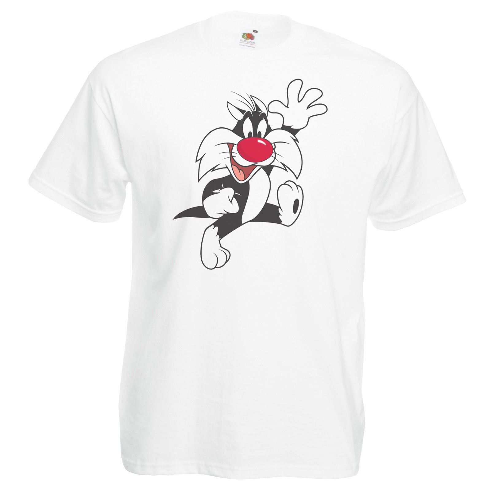 Adults Red Nose Cartoon Cat Funny Animated Feline Toon Unisex White TShirt S