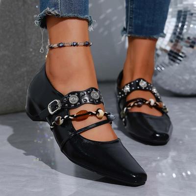 Vintage Metal Buckle Cross Strap Mary Jane Shoes Women Spring Plastic Bead Medium Heel Loafers Woman's Bohemia Pumps Shoes