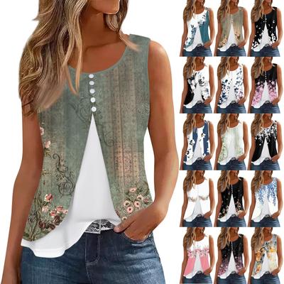 Damen Tank Top Casual Print Button Fake Ärmellos Mode Rundhals Bluse Fit Sommer