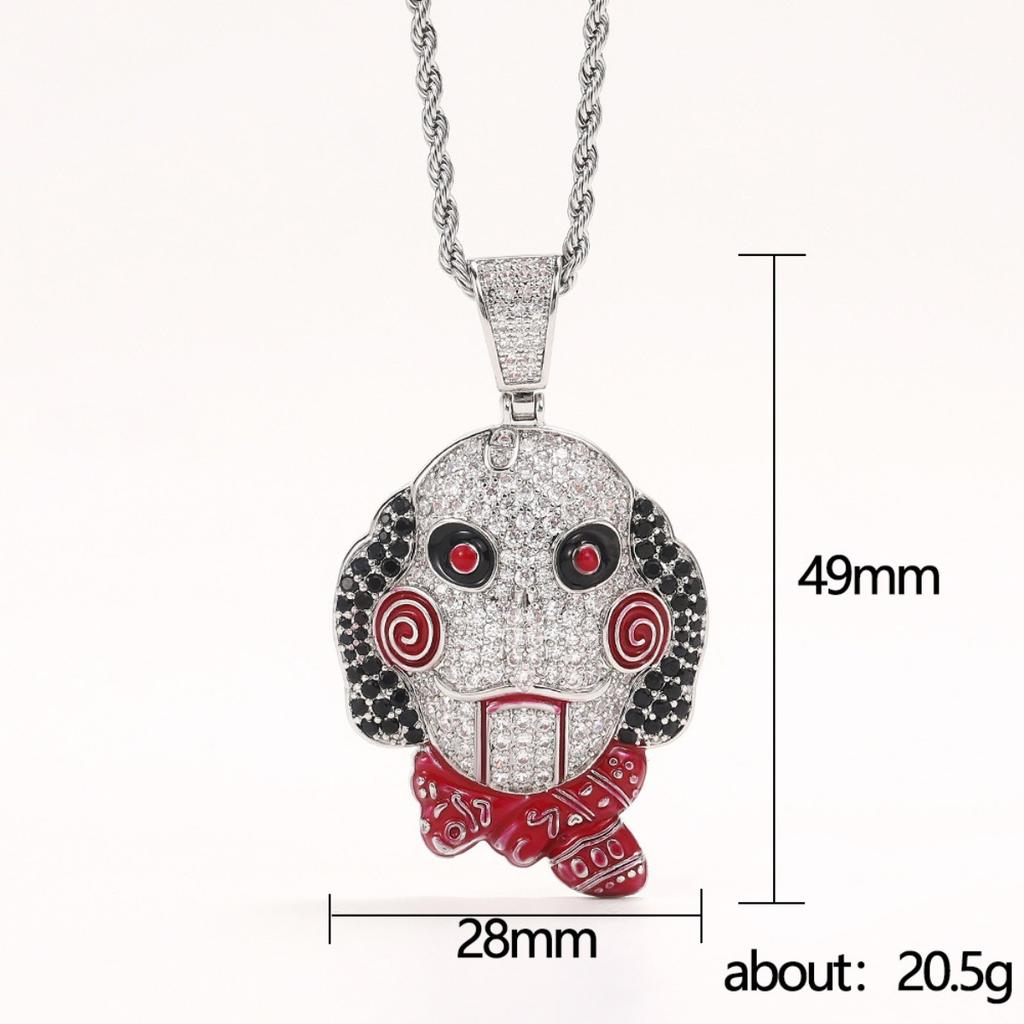 Horror Inspired Puppet Pendant Necklace Sparkling Multicolor Stone Hip Hop Statement Jewelry for Men Women