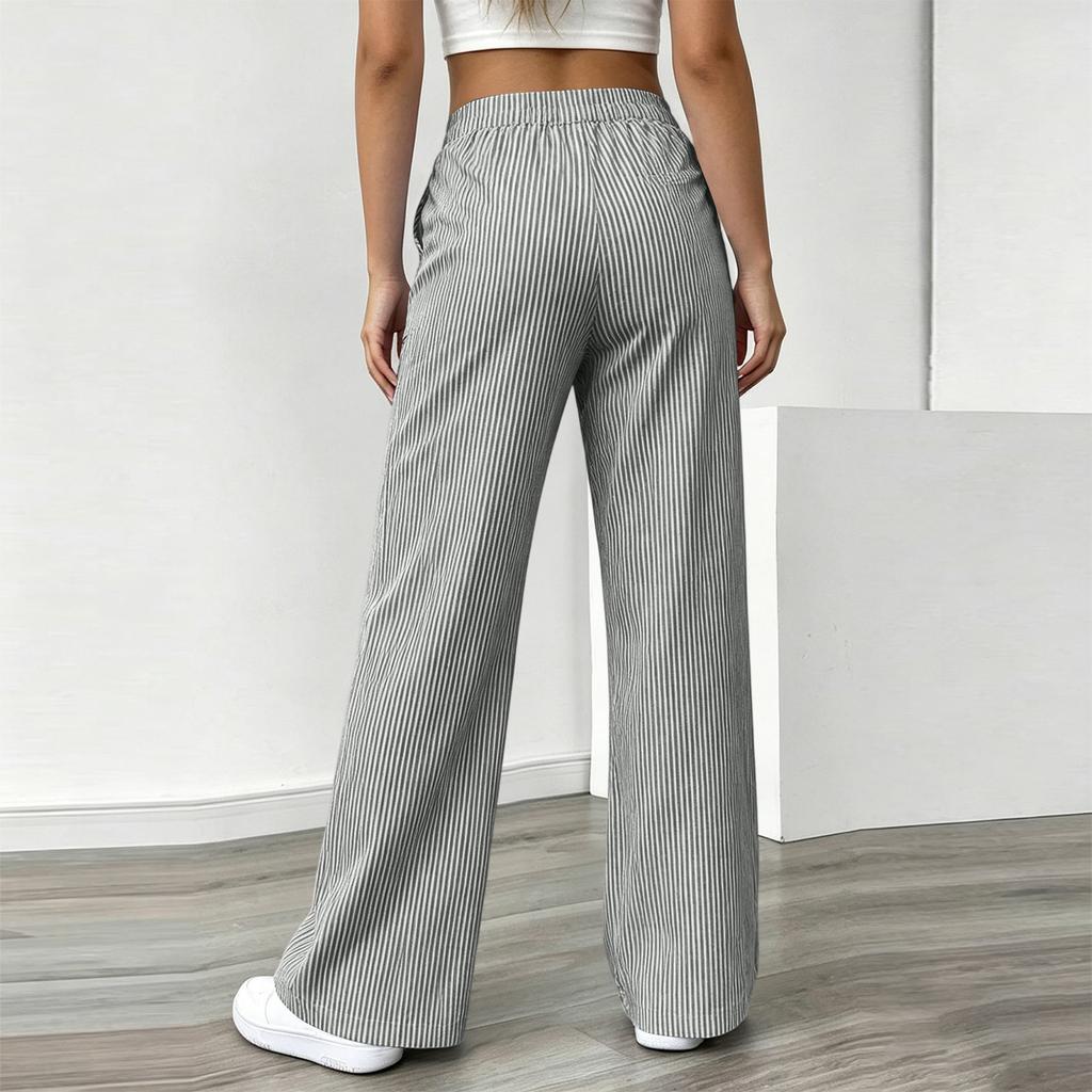 Pantalon Casual Rayé Ample à Taille Serrée Jambes Larges pour Femme avec Poches pour un Port Quotidien Confortable