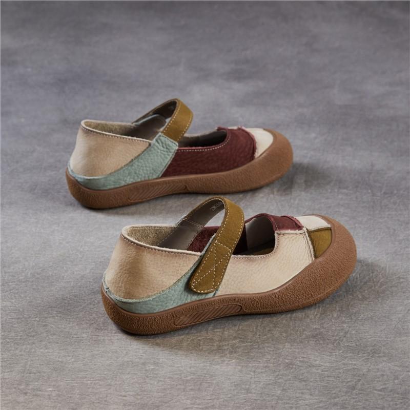 Johnature Genuine Leather Mixed Colors Soft Soled Women's Shoes Retro Round Toe Shallow Flat Shoes