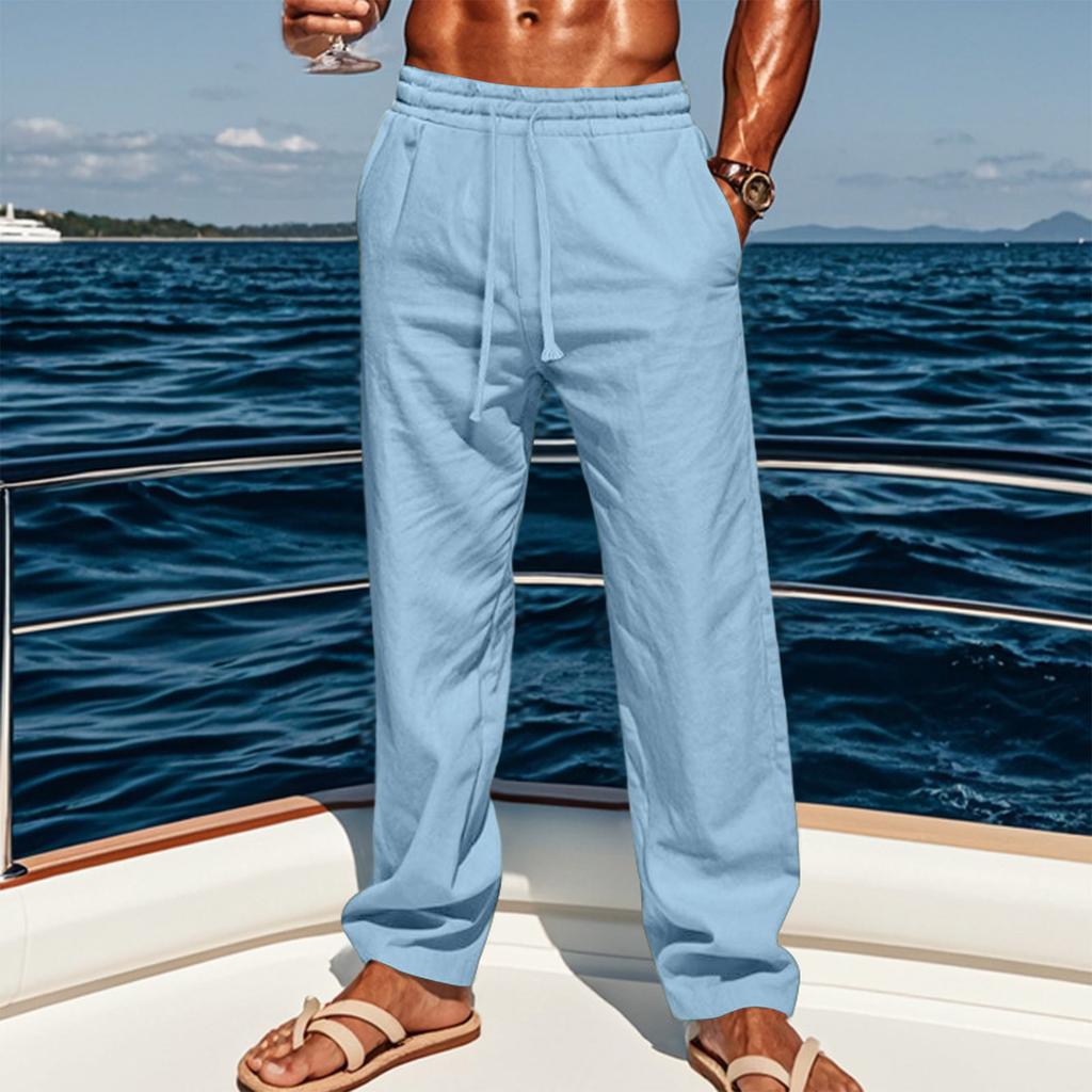 Men's Linen Casual Straight Leg Pants Loose Fit Breathable Summer Beach Trousers for