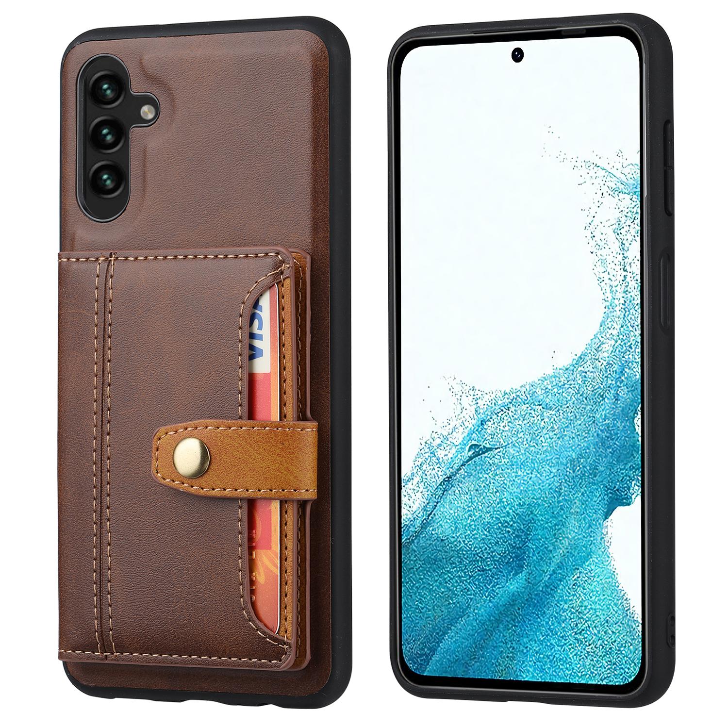 

For Samsung Galaxy A54 5G Bump Proof Calf Texture Phone Case Card Slots Kickstand PU Leather Coated TPU Protective Back Cover Brown