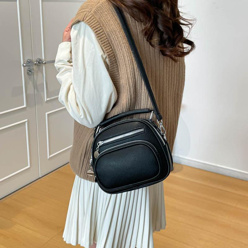 Women Mini Round Leather Handbag Multi Zipper Pockets Top Handle Crossbody Bag Adjustable Strap for Daily Use Ladies' Holiday Gifts