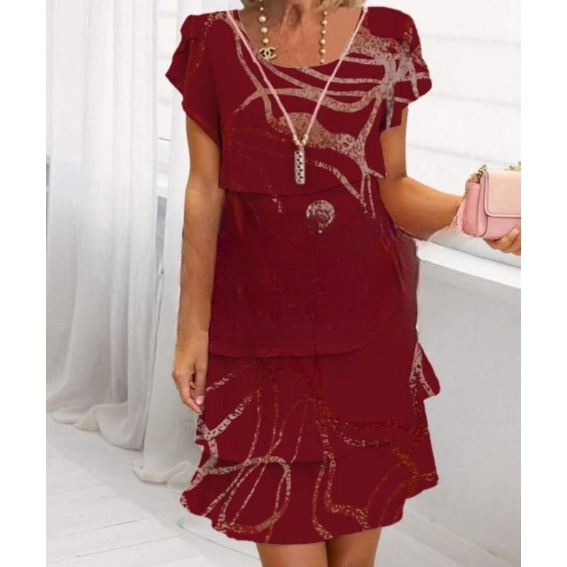 VEZFAA Women's Fashion Summer Spring Flower Pattern Print Short Sleeve O-Neck Loose Waistline Casual Dresses