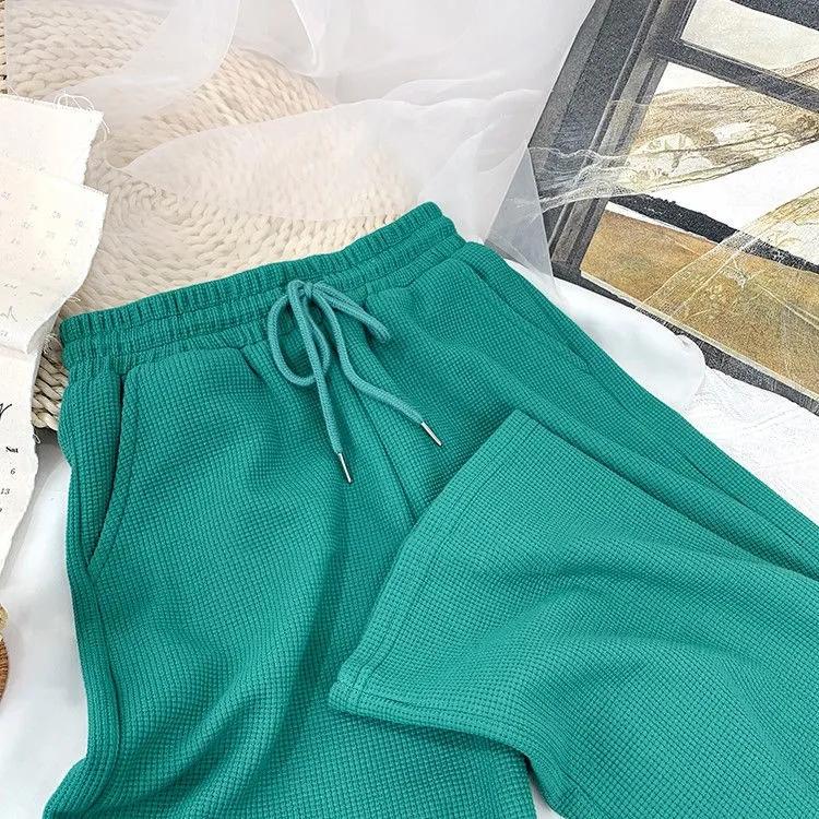 

Вафельные эластичные повседневные брюки с высокой талией, осенне-зимние женские корейские свободные драпированные брюки с широкими штанинами, спортивные брюки для бега длиной до ног XL зелёный
