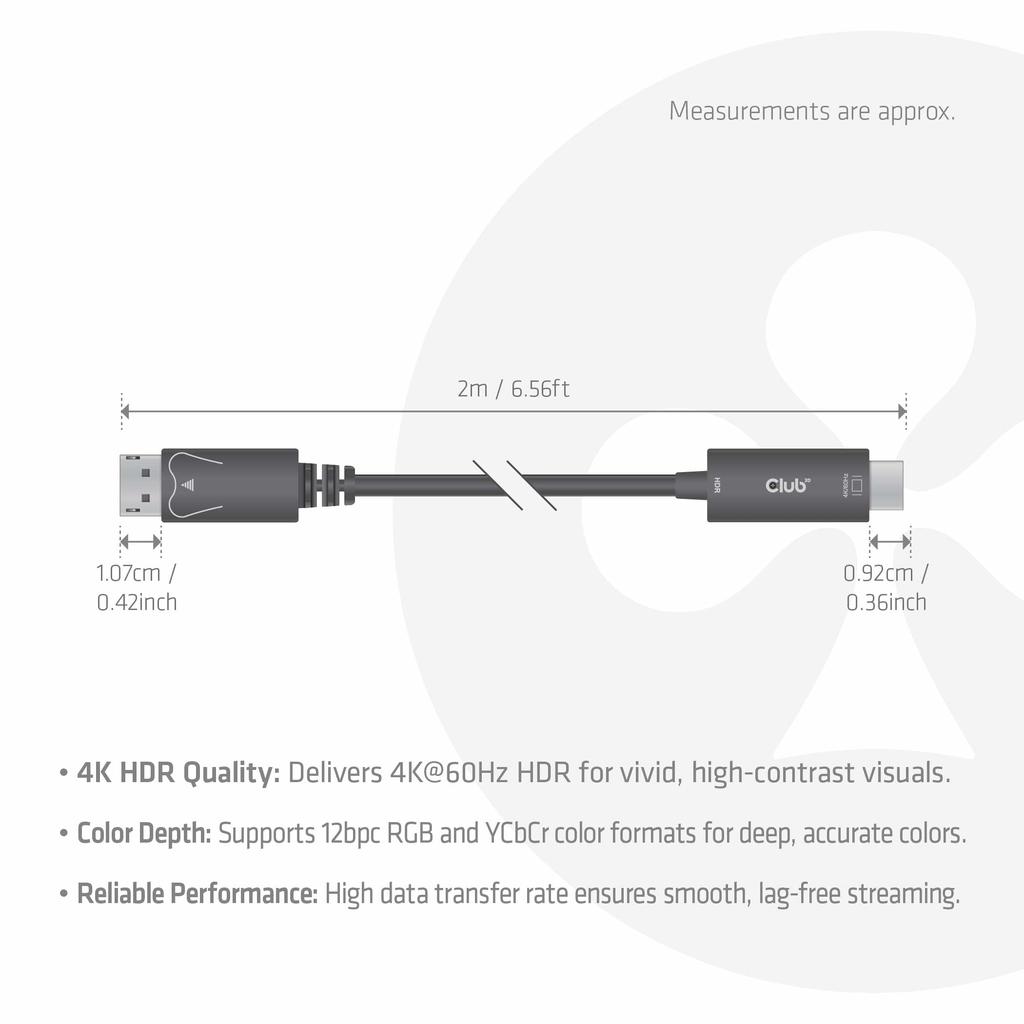 Club3D DisplayPort 1.4 To HDMI 2.0b HDR (High Dynamic Range) Compatible 4K 60Hz Display Conversion Cable 2m (CAC-1083)