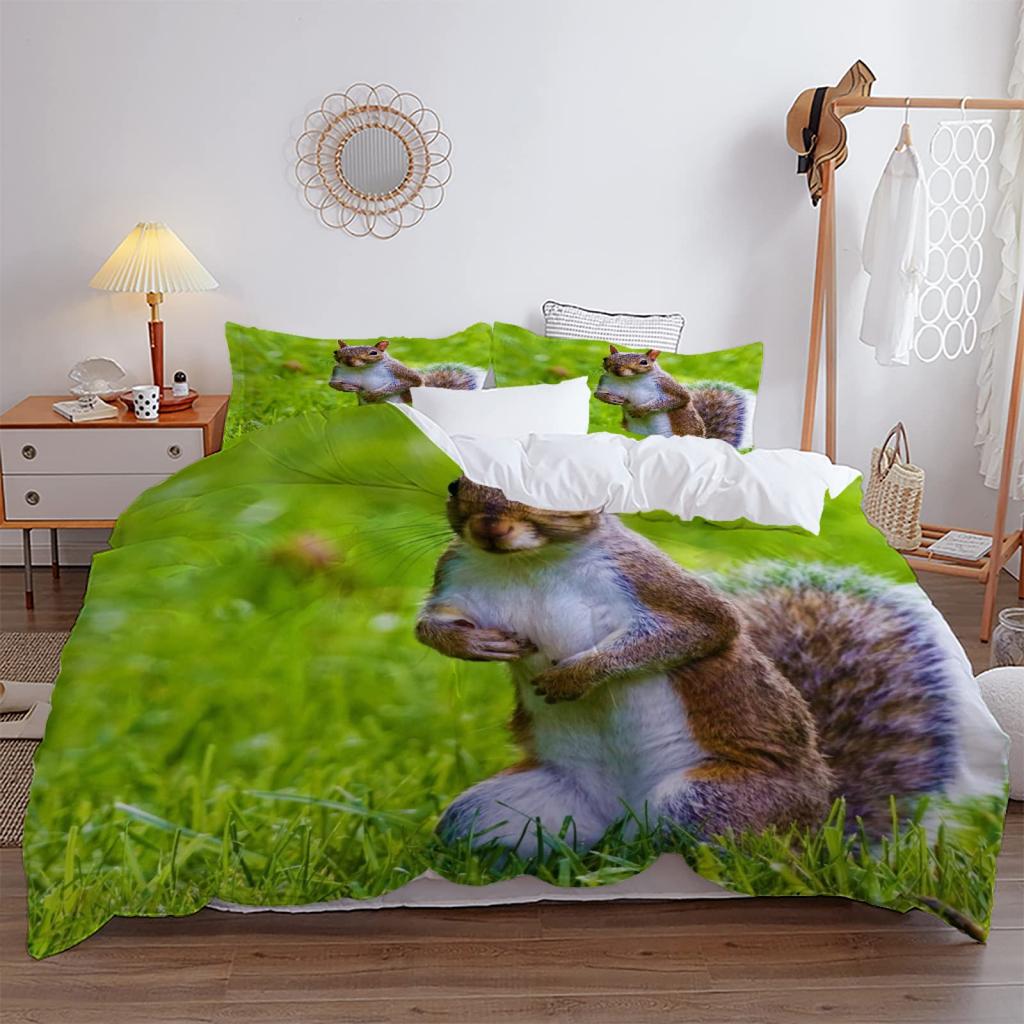 3D Squirrel King Queen Duvet Cover Lovely Animal Bedding Set For Kids Teens Adults Wildlife Green Leaves Soft 2/3pcs Quilt Cover