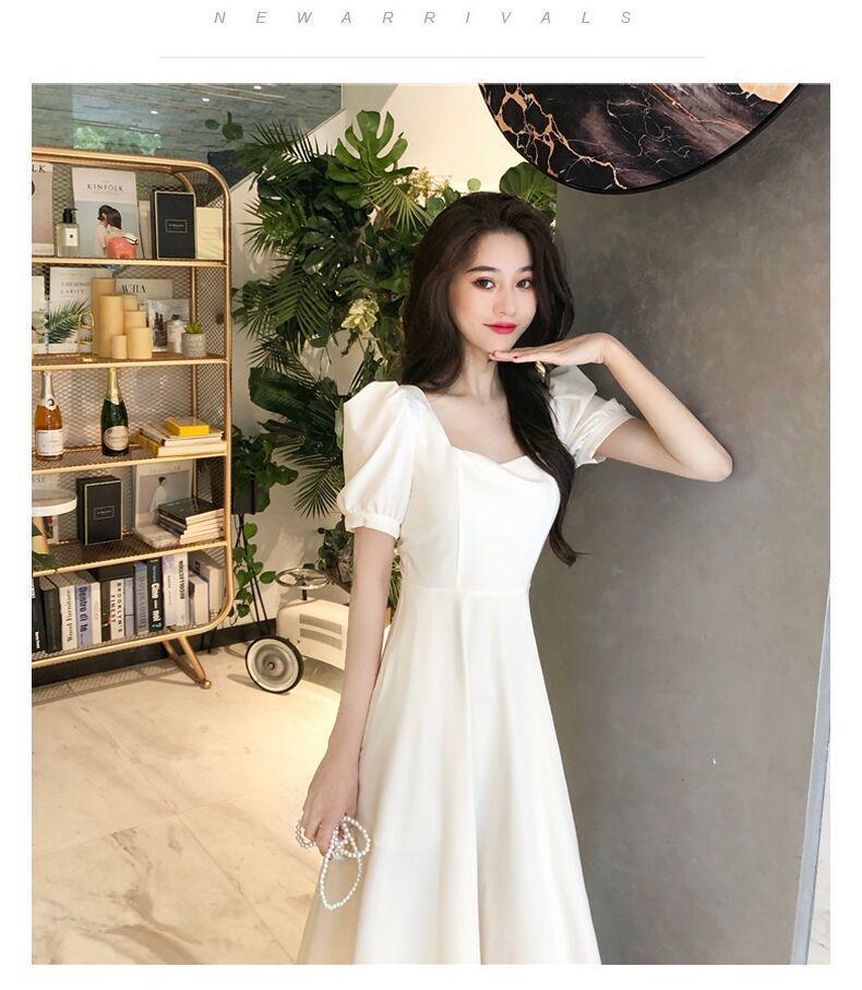 Hepburn Style Black Slimming Summer Dress for Women - Square Neck, Over-the-Knee