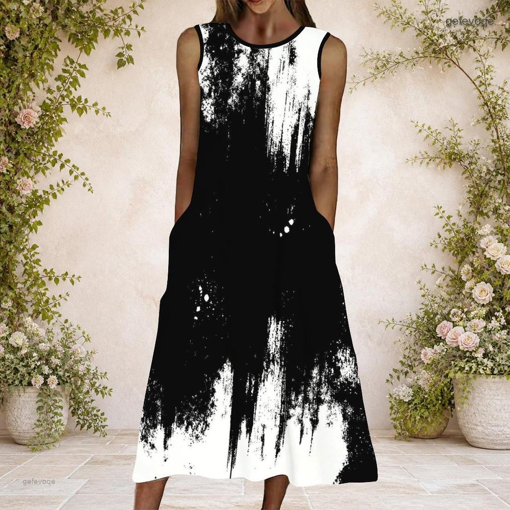 Rochie Maxi A-Line Imprimată Fără Mâneci cu Gât Rotund pentru Femei Mărimi Mari cu Buzunare Laterale