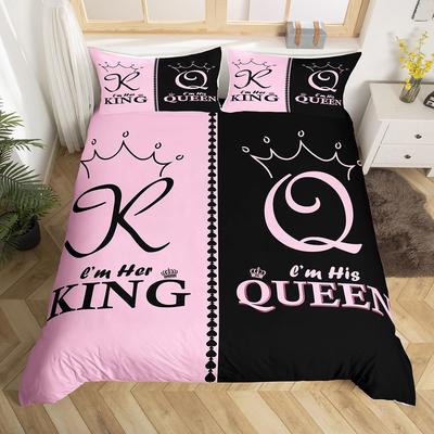 Housse de couette Couronnes Roi et Reine Rose Noir Couple Lit Jumeau Housse de couette Mr Mrs Son Sa Ensemble de literie Cadeau Romantique pour la Saint-Valentin