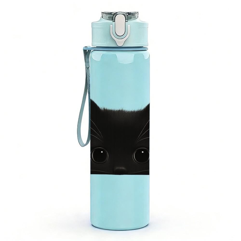 1PC Solid Black Cat Face Pattern 750ml Color Plastic Sports Water Bottle Leakproof Flip Straw Lid Suitable for Sports Office Home Use