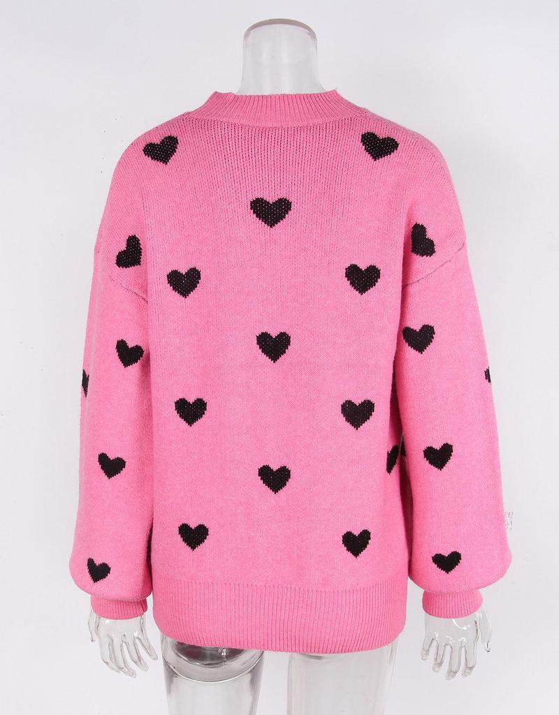 Heart Jacquard Round Neck Pullover Sweater for Women - Autumn/Winter Valentine's Day Style