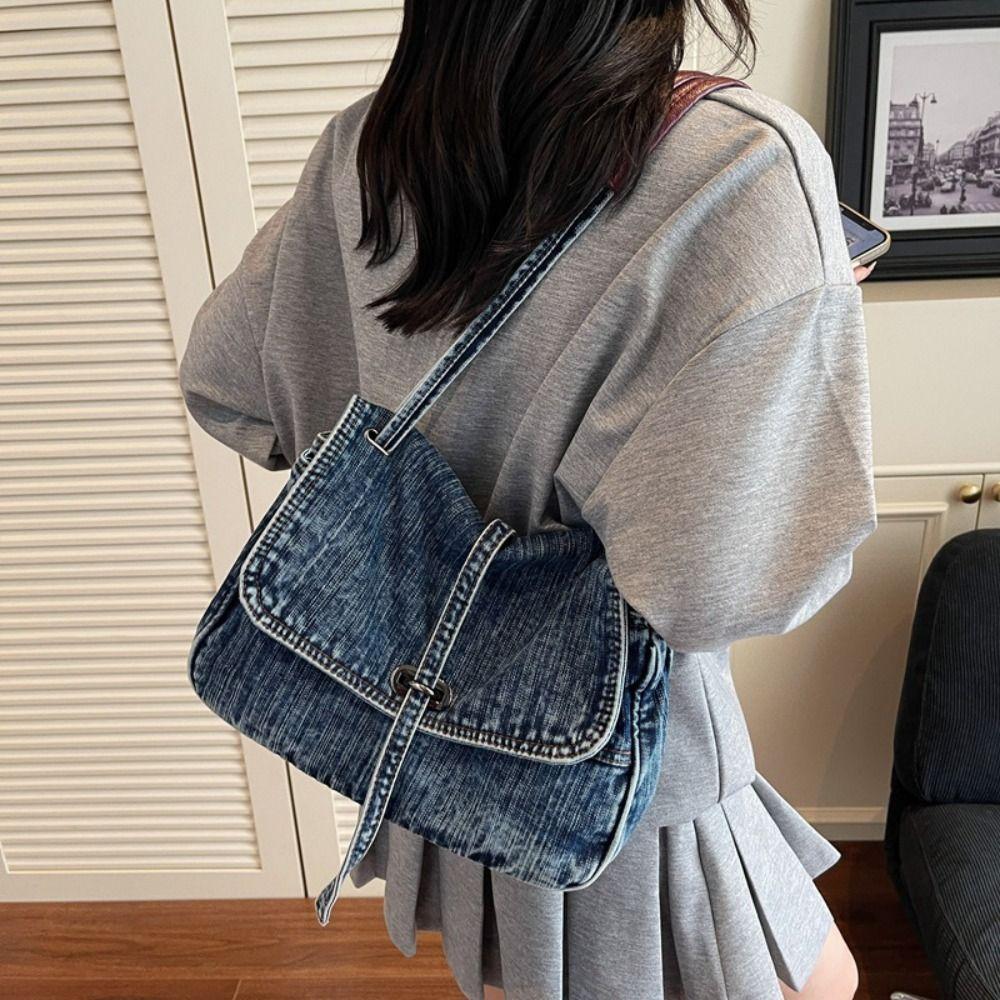 Large Capacity Denim Cloth Bag Retro Vintage Handbag Fashionable Canvas Shoulder Bag  Streetwear