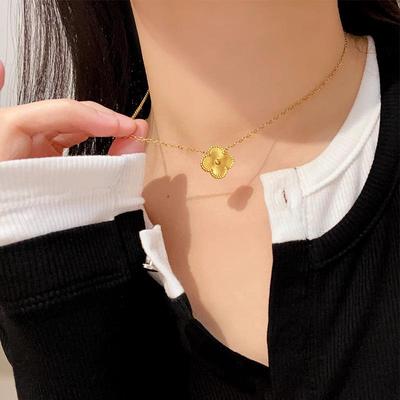 18K Gold Water-Resistant Laser-Engraved Four-Leaf Clover Titanium Steel Necklace, Bracelet, and Earrings Set for Women