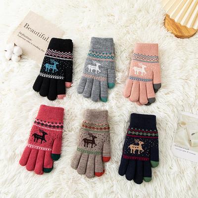 Knitted Gloves Women's Winter Warm Thickened Velvet Outdoor Riding Jacquard Cute Elk Korean Gloves